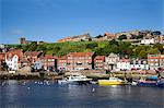 Boats in the Upper Harbour below St. Marys Church, Whitby, North Yorkshire, Yorkshire, England, United Kingdom, Europe