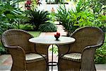 Terrace table and chairs in hotel, Kochi (Cochin), Kerala, India, Asia