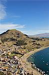 View of Copacabana and Lake Titicaca from Cerro Calvario, Copacabana, La Paz Department, Bolivia, South America