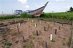 Hatchery at the research centre, each wooden stake marking a buried clutch of eggs, collected from nests in vulnerable locations, Shell Beach, Guyana, South America