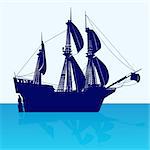 Contour image of an old sailing ship. The illustration on blue background.