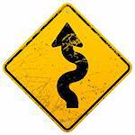 Yellow sign with winding road black symbol