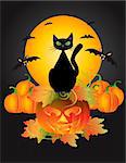 Halloween Black Cat Sitting on Carved Jack-O-Lantern Pumpkin with Moon and Bats Illustration