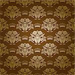 Damask seamless floral pattern. Royal wallpaper. Flowers and crowns on a olive background. EPS 10