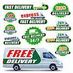 Set of green delivery signs with trucks and labels