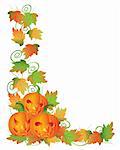 Happy Halloween Trio of Carved Pumpkins with Leaves and Twine Border Illustration