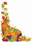 Thanksgiving Day Fall Harvest Cornucopia Pumpkin Eggplant Grapes Corns Apples with Leaves and Twine Border Illustration