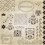 Vector set: vintage design elements on crumpled paper texture, also  includes 4 seamless brushes and 4 patterns in swatch menu, eps10 transparency effects, standart AI font "eccentric std"