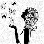 Line art of young woman with butterflies flying around