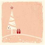 Illustration of a stylized Christmas tree with present on top of wavy lines with stars on pale rose textured grunge background. Space for your text.