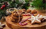 Christmas nut and chocolate cookies with candy cane