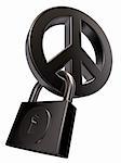 metal peace symbol and padlock on white background - 3d illustration