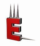 letter e with metal prickles on white background - 3d illustration