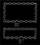 padlock on metal chains frame border on black background - 3d illustration