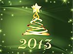 year 2013 and christmas tree over green background with golden stars