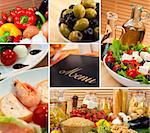 Montage macro photographs of a fresh and healthy Italian Mediterranean food menu salad fresh prawns pasta cheese olives & olive oil