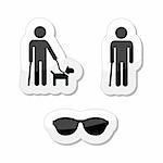 Blind person icon with cane, dog and sunglasses icons set