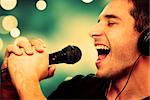 Retro image of man singing into microphone