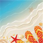 Holiday greeting card with wave and shells. Vector illustration.