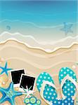 Summer background with shells and pictures on sand. Vector illustration.