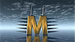letter m with metal prickles under cloudy sky - 3d illustration