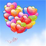 Colorful Heart Shaped Balloons in the sky. Valentine`s Day card.