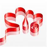 Valentine`s Day card with Heart shaped red ribbon isolated on white.