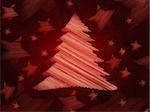 red background with illustrated christmas tree and stars, abstract retro card