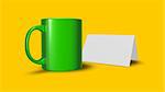 green mug and blank white card - 3d illustration