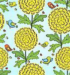 Colorful funny vector seamless pattern with flowers and birds