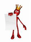 red guy with crown holds blank paper sheet - 3d illustration