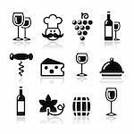 Black modern wine icons set with reflection