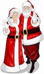 A vector illustration of Santa and Mrs Claus standing hugged and waving their hands for Christmas.