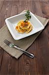 Dish of pasta with pumpkin for vegetarian meal