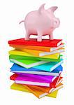 Pink piggy bank on a stack of colorful books. Isolated render on a white background