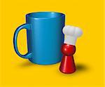 mug and simple cook character on yellow background - 3d illustration
