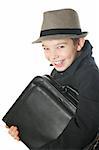 Young boy wearing a hat with case on white background