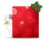 Snowman Man With Blank Gift Tag And Holly Berry With Gradient Mesh, Vector Illustration