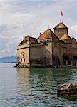 Chillon Castle is located on a rock on the banks of Lake Geneva