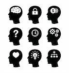 Thinking, creating ideas concept - black head icons isolated on white