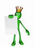 green guy with crown holds blank paper sheet - 3d illustration