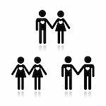 Relationship diverstiy black icons set - 2 men, 2 women, man and woman