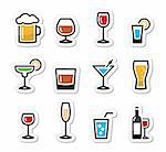 Beverages colourful icon set - vodka shot, beer, martini, whisky