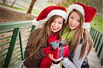 Two Attractive Festive Smiling Mixed Race Women Wearing Christmas Santa Hats Holding a Wrapped Gift with Bow Outside.