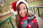 Pretty Festive Smiling Woman Wearing a Christmas Santa Hat with Wrapped Gift and Bow Outside.