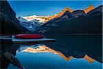 Red Canoes on Dock at Dawn, Lake Louise, Banff National Park, Alberta, Canada