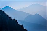 Overview of Hazy Blue Mountain Range, Rock Isle Trail, Sunshine Meadows, Mount Assiniboine Provincial Park, British Columbia, Canada