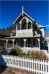 House Exterior with White Picket Fence, Wesleyan Grove, Camp Meeting Association Historical Area, Oak Bluffs, Martha's Vineyard, Massachusetts, USA