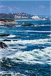 Rough Ocean Water and Rocky Coast with Mansions in Background, Newport, Rhode Island, USA