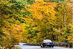 Car Driving on Country Road in Autumn, Smugglers Notch, Lamoille County, Vermont, USA